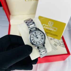 Silver tank Cartier female watch with branded box and bag