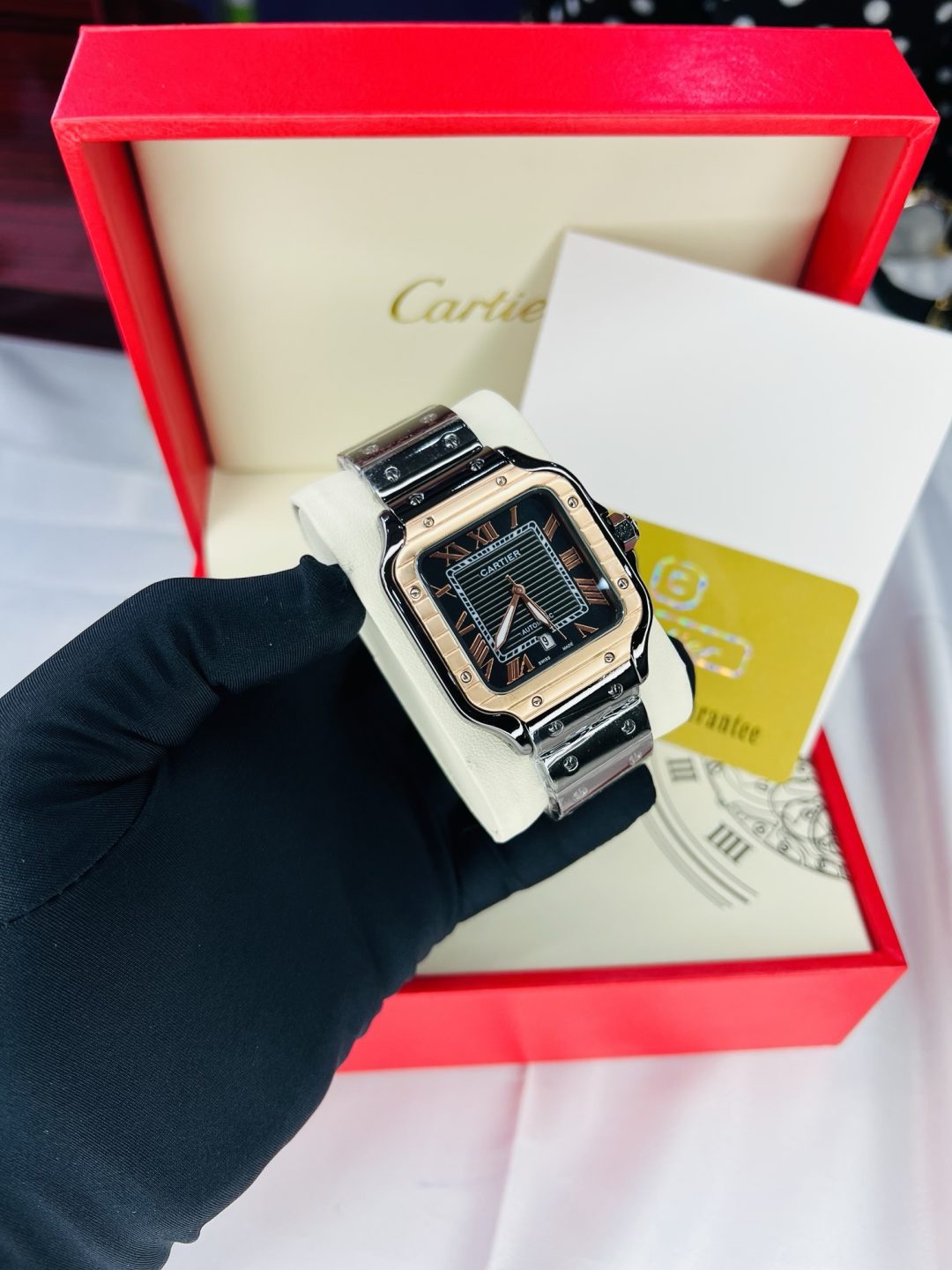 Black Cartier tank watch with branded box and bag! - Image 5