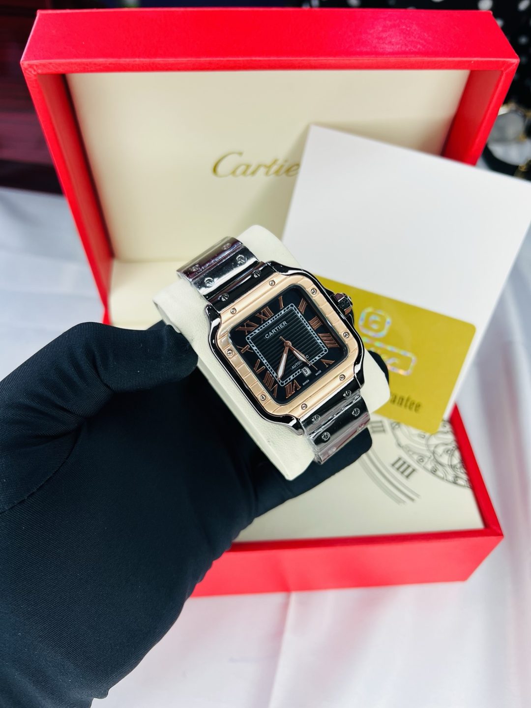 Black Cartier tank watch with branded box and bag! - Image 2
