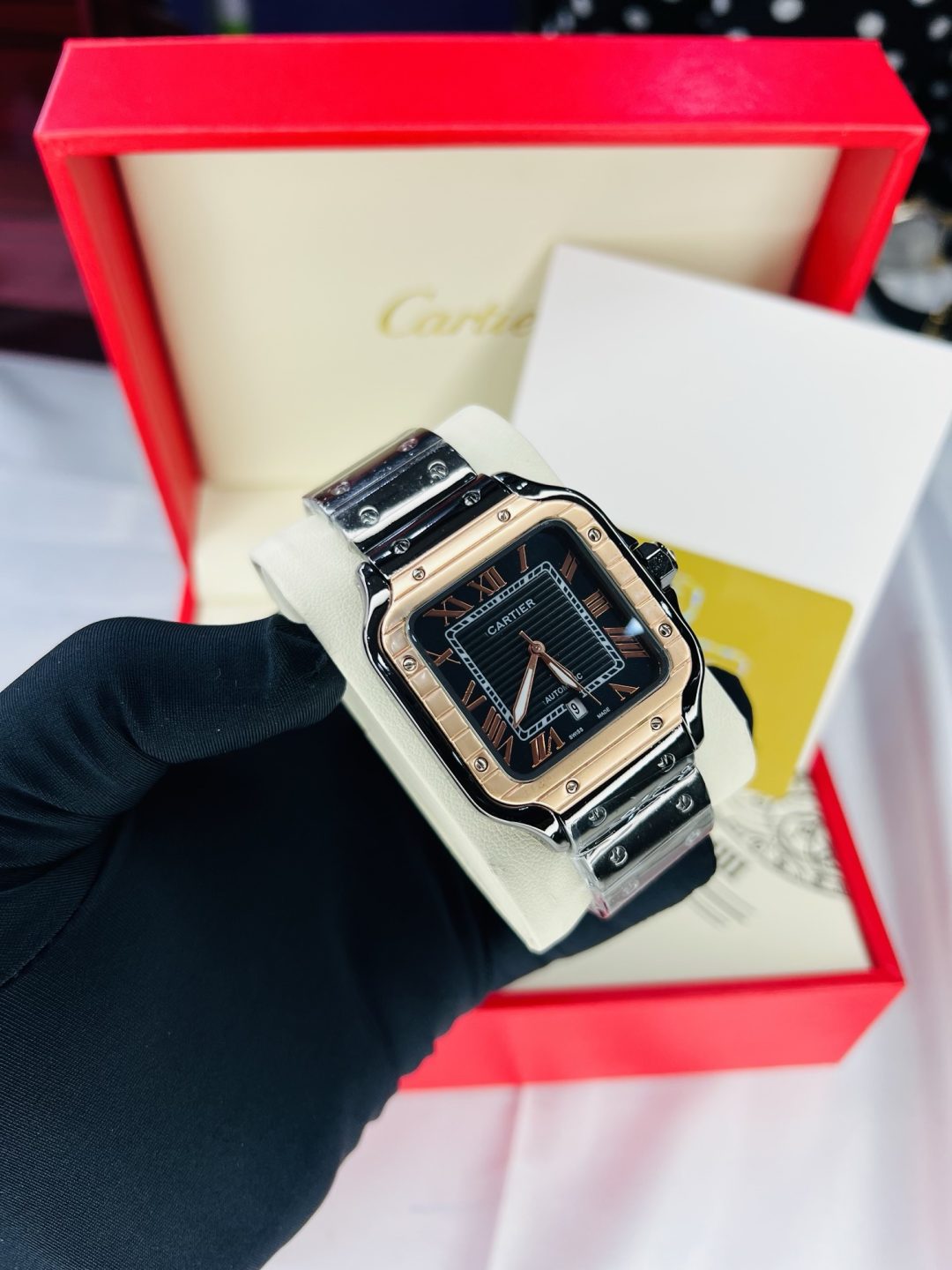 Black Cartier tank watch with branded box and bag! - Image 3