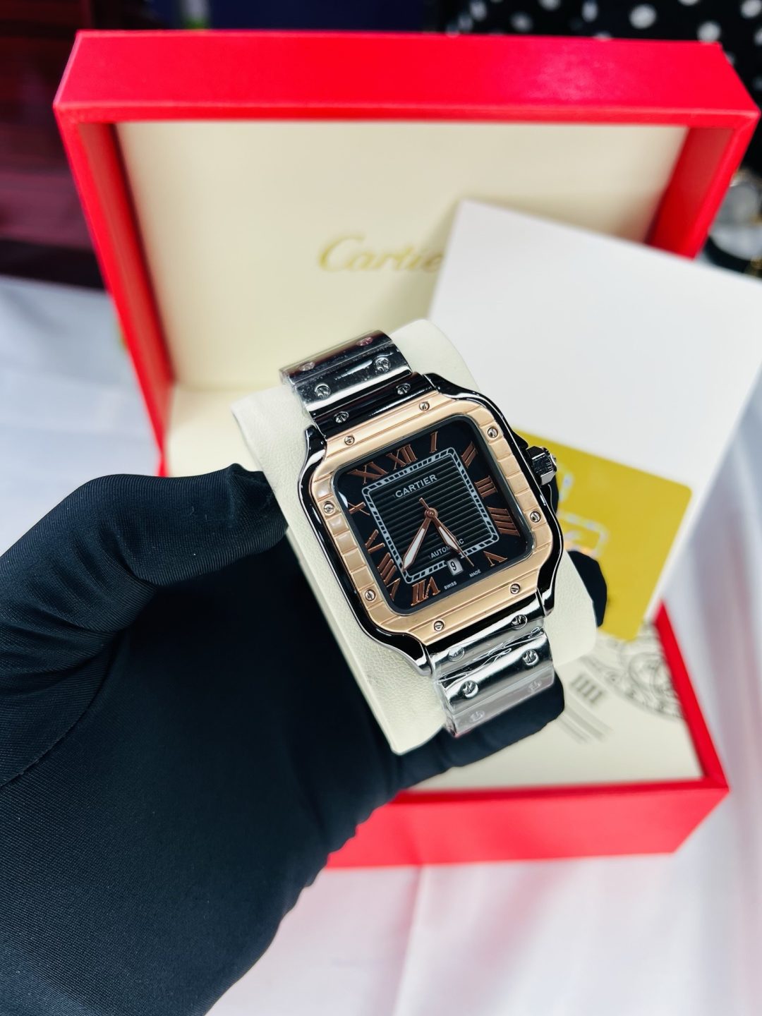Black Cartier tank watch with branded box and bag!