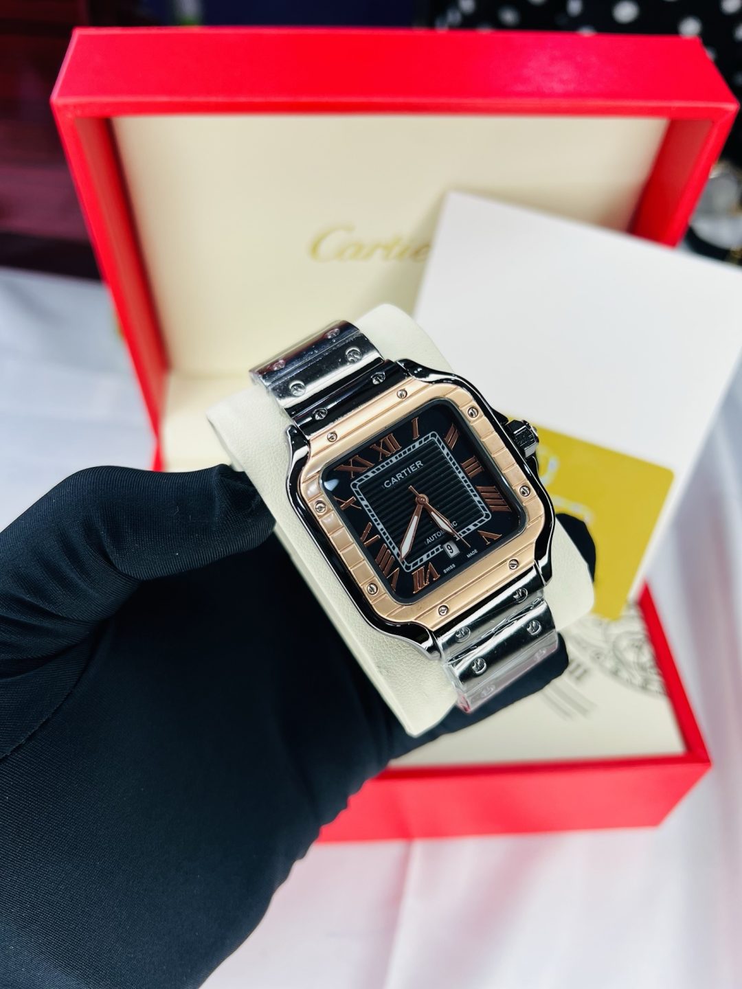 Black Cartier tank watch with branded box and bag! - Image 4
