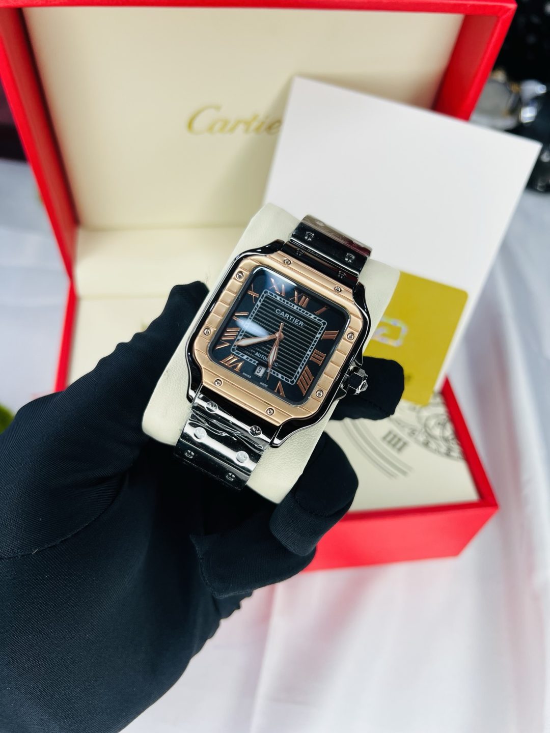 Black Cartier tank watch with branded box and bag! - Image 6