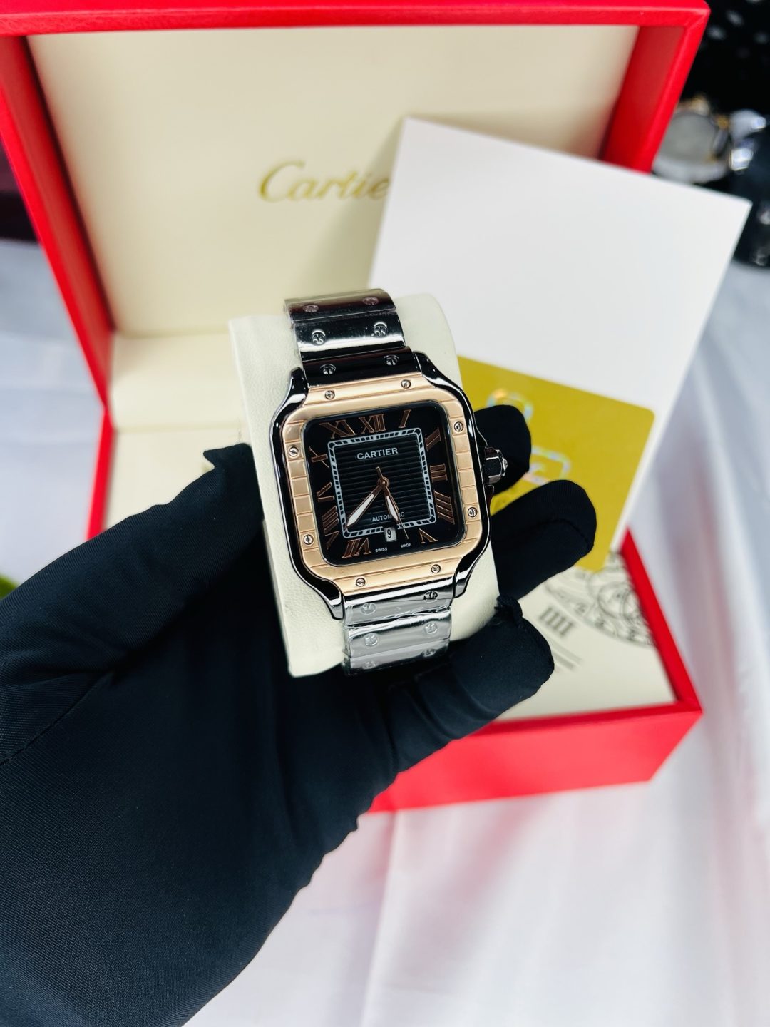 Black Cartier tank watch with branded box and bag! - Image 7