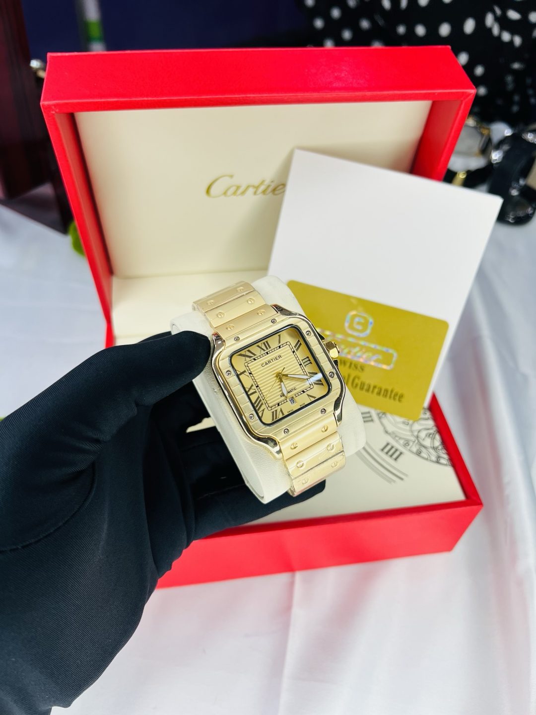 Gold Cartier tank watch with branded box and bag! - Image 3