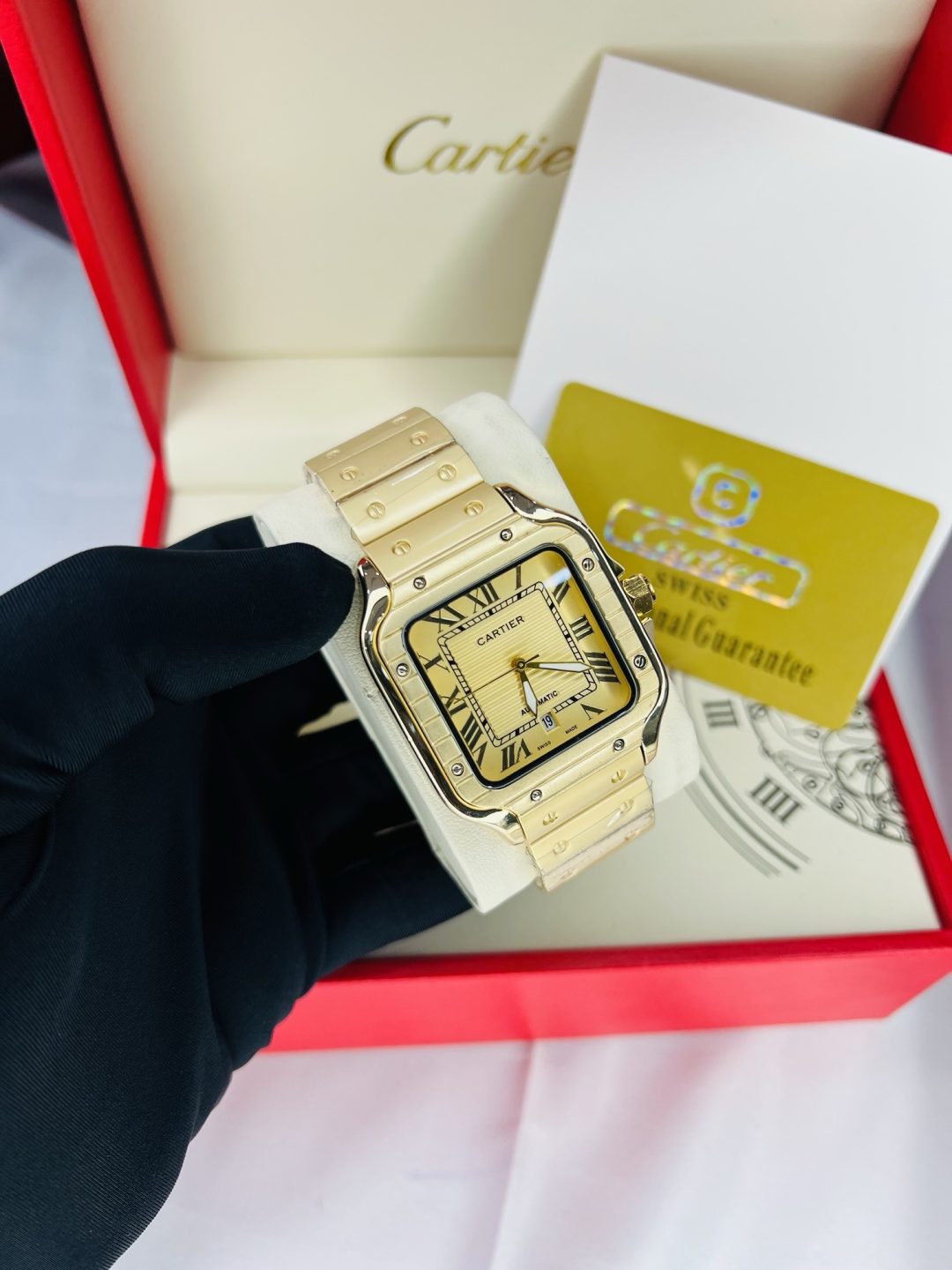 Gold Cartier tank watch with branded box and bag! - Image 7