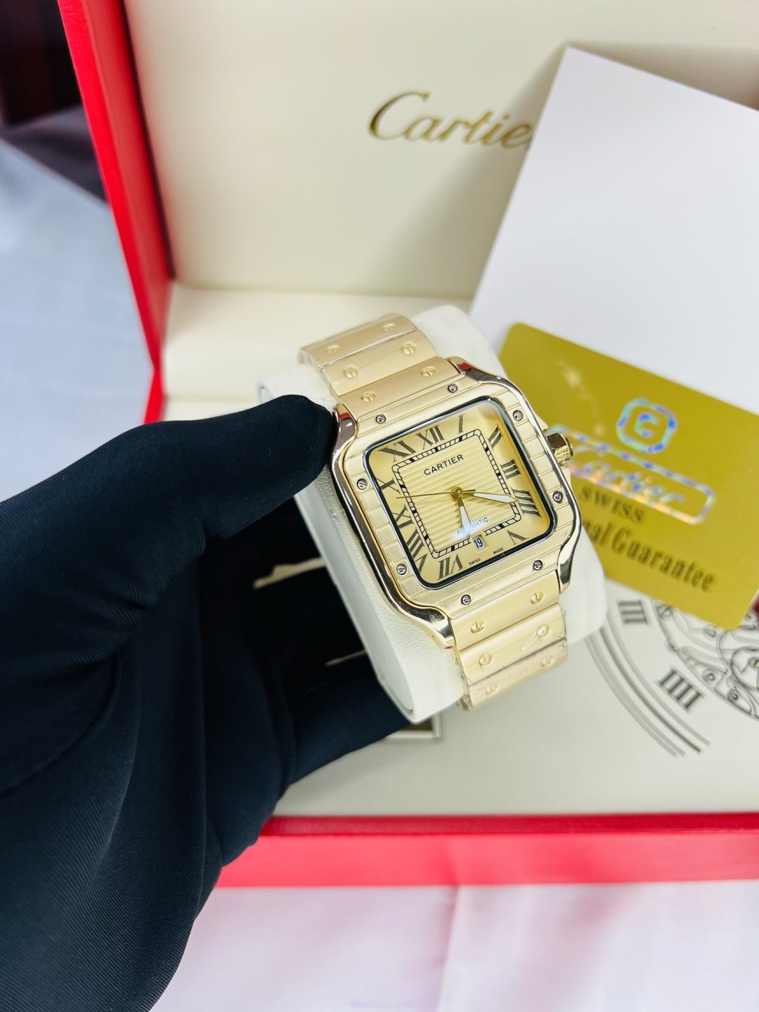Gold Cartier tank watch with branded box and bag! - Image 6