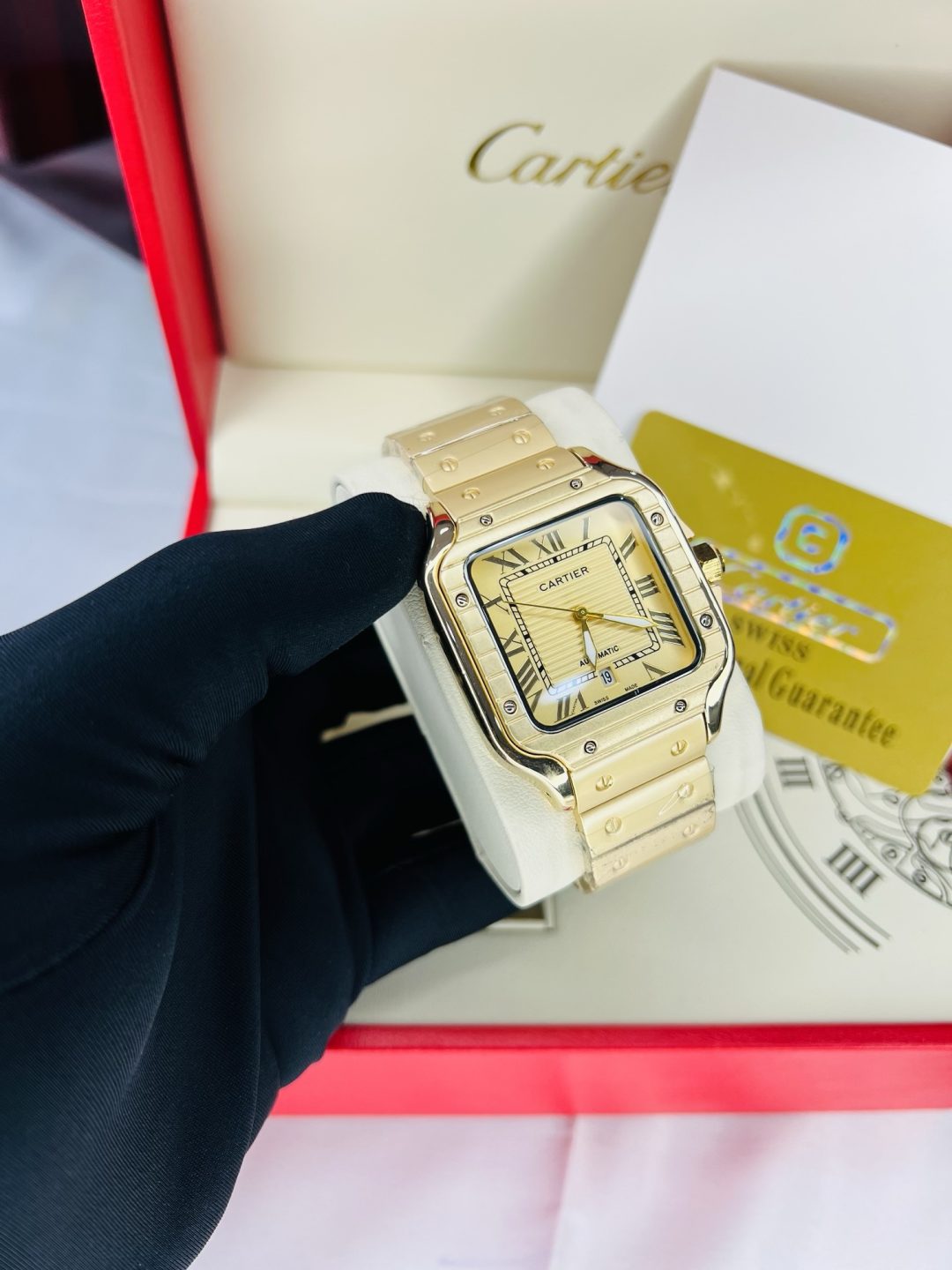Gold Cartier tank watch with branded box and bag! - Image 4