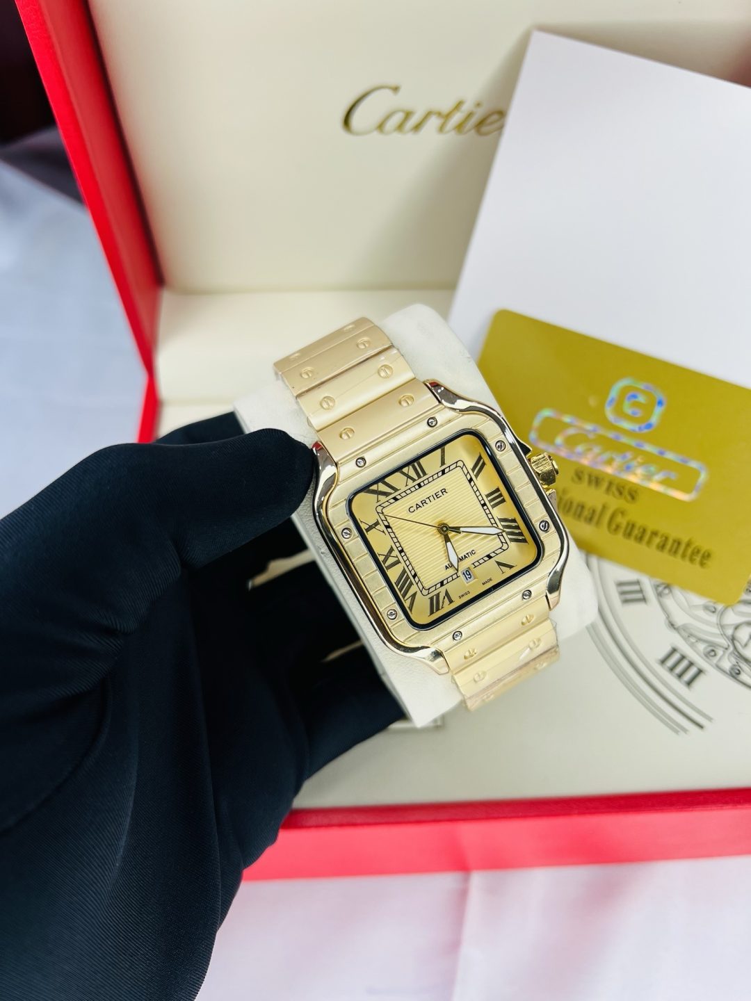 Gold Cartier tank watch with branded box and bag! - Image 2