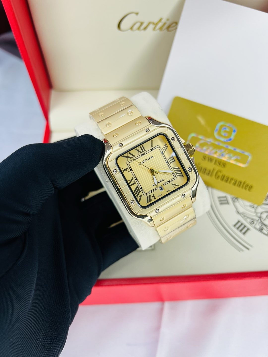 Gold Cartier tank watch with branded box and bag! - Image 5
