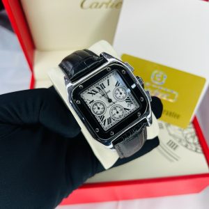 Cartier black leather watch with branded box and bag!