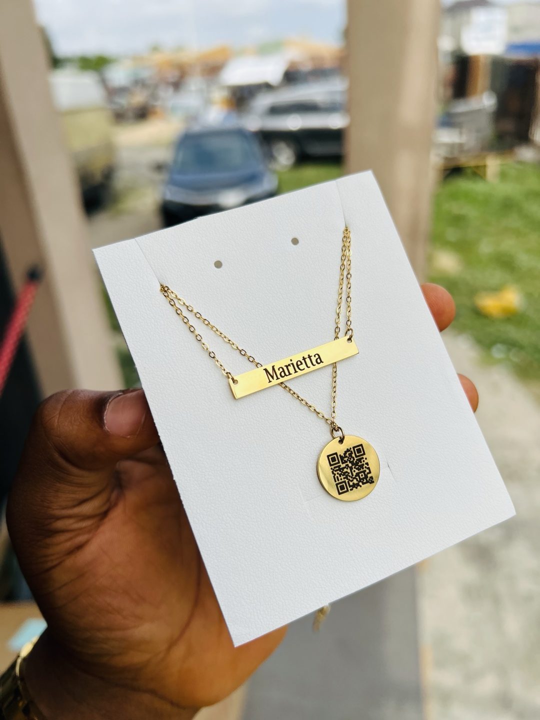 Engraved double step necklace with barcode