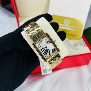 Cartier rectangular gold face watch with branded box bag!