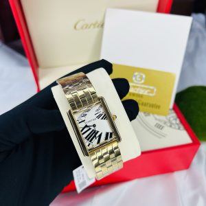 Cartier rectangular gold face watch with branded box bag!