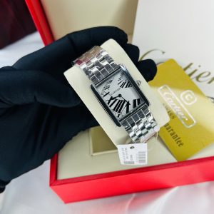 Cartier rectangular silver face watch with branded box bag!