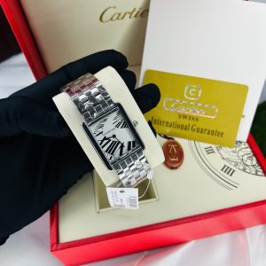 Cartier rectangular silver face watch with branded box bag!