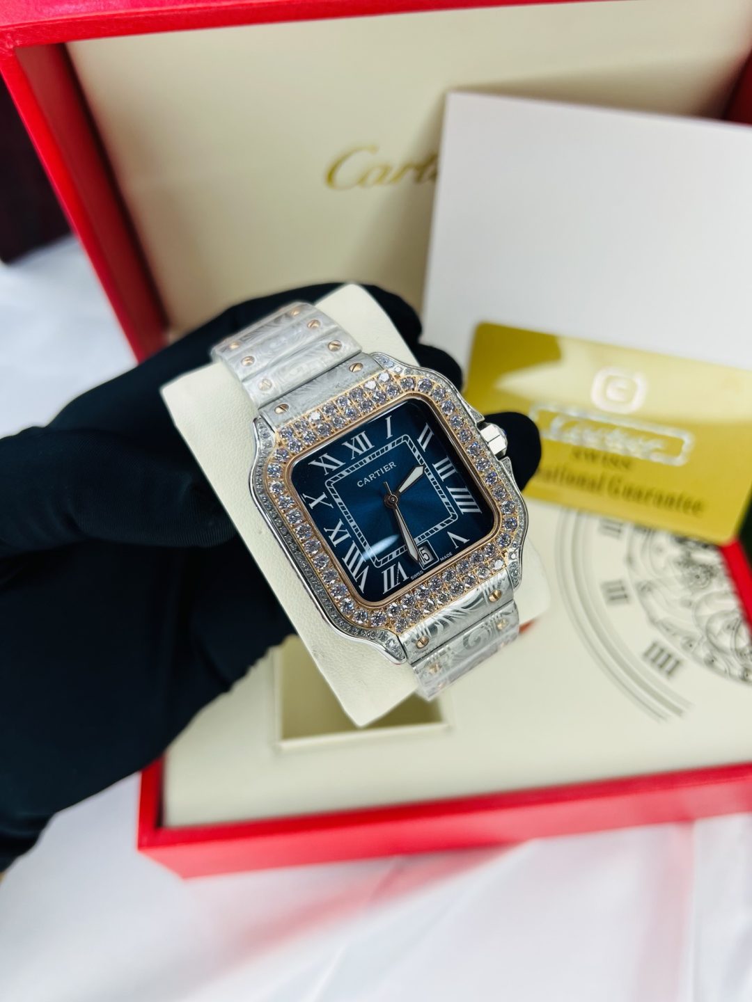 Luxury Cartier stoned watch with branded box and bag!