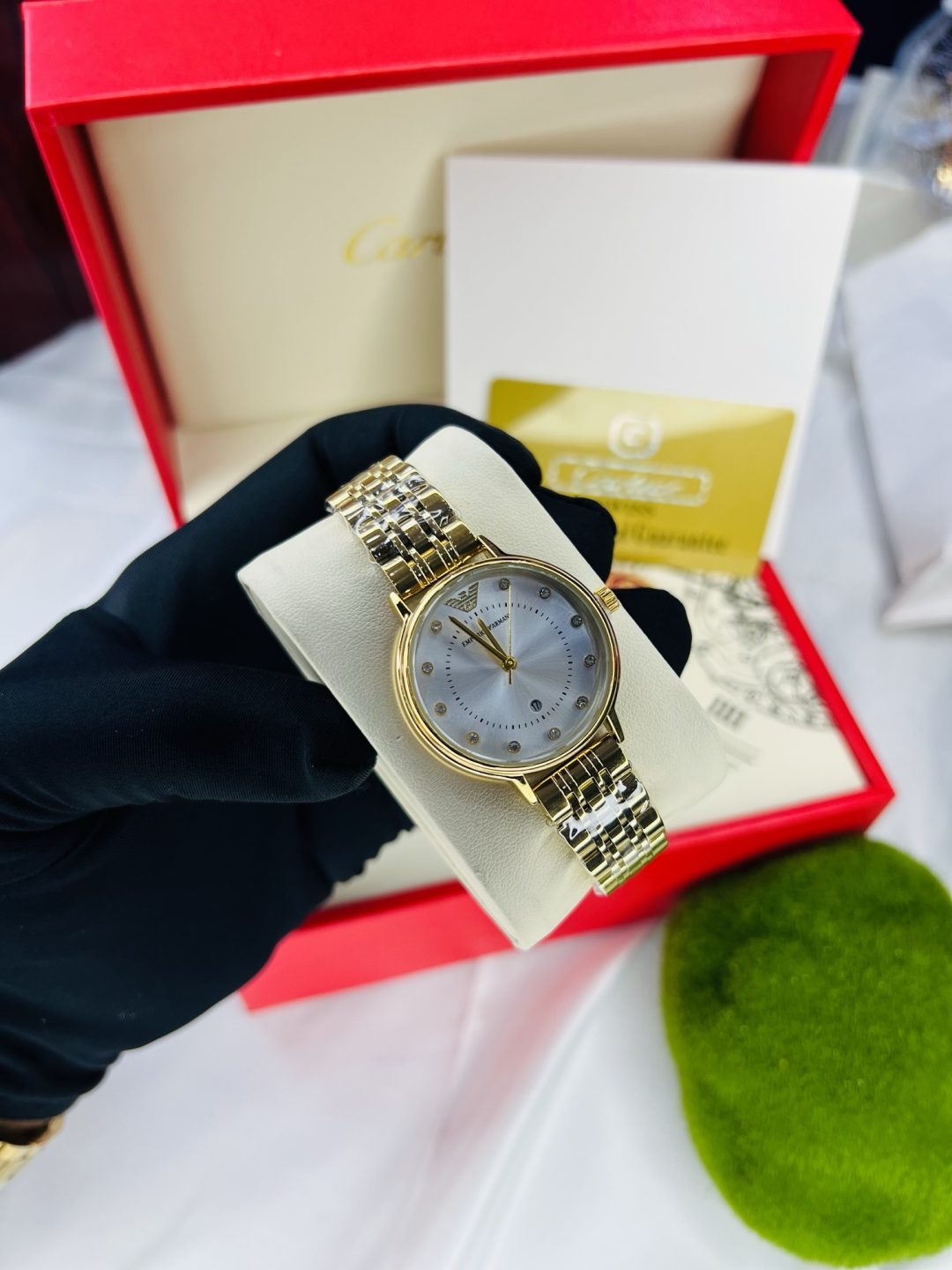Gold Emporio Armani watch with leather box!