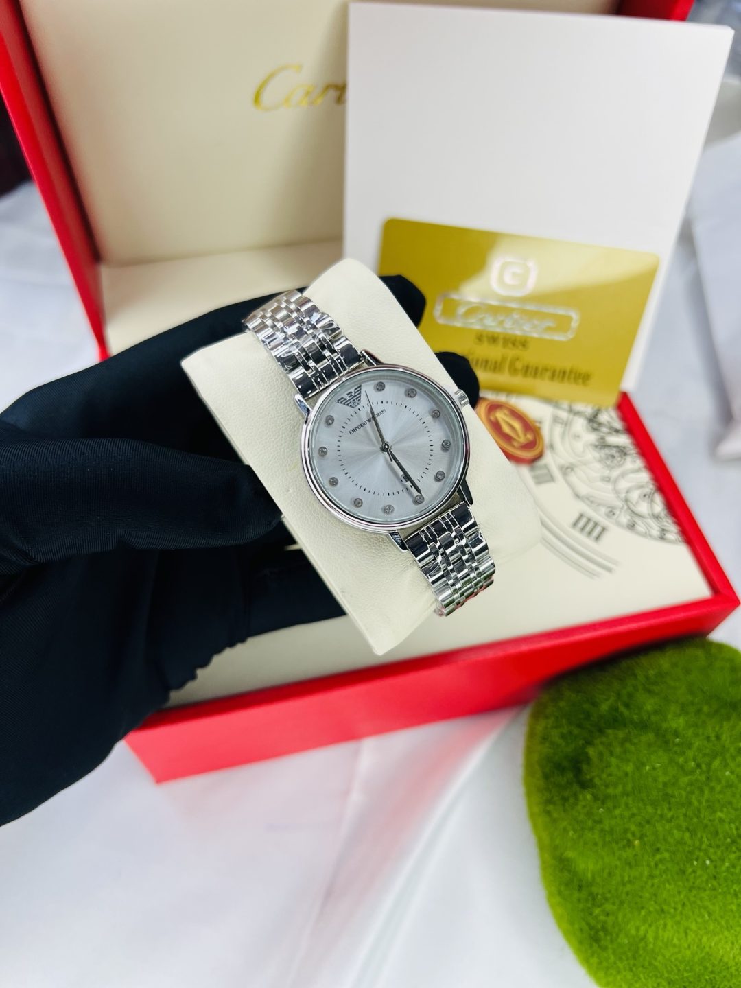 Silver Emporio Armani watch with leather box!