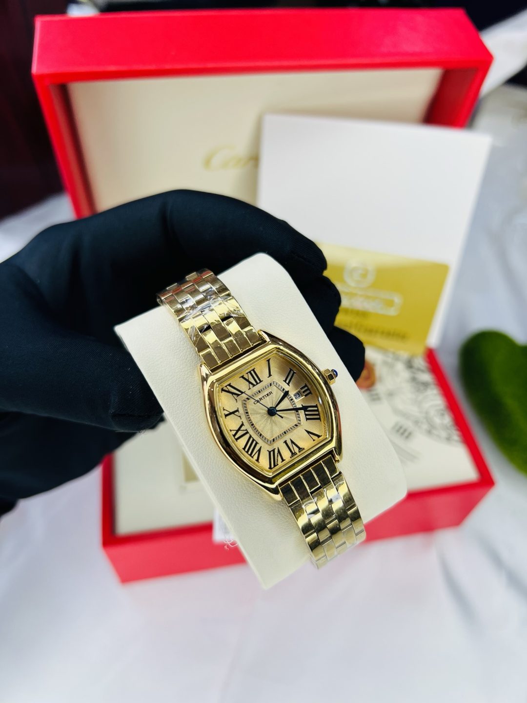 Gold Female Cartier watch with branded box and bag!
