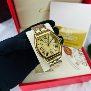 Gold male Cartier watch with branded box and bag!