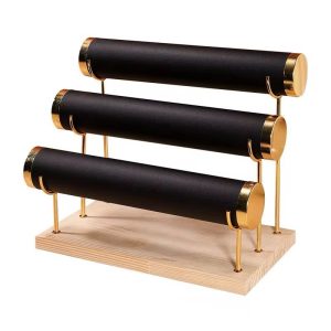 Three step gold rim black leather bracelet holder