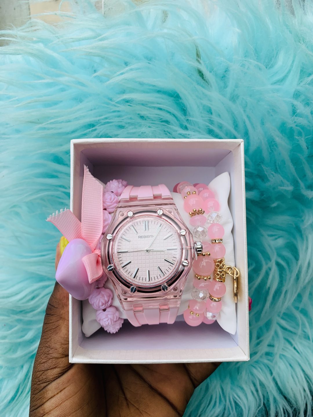 Rebirth pink silicon rubber watch combo with box 002 - Image 3
