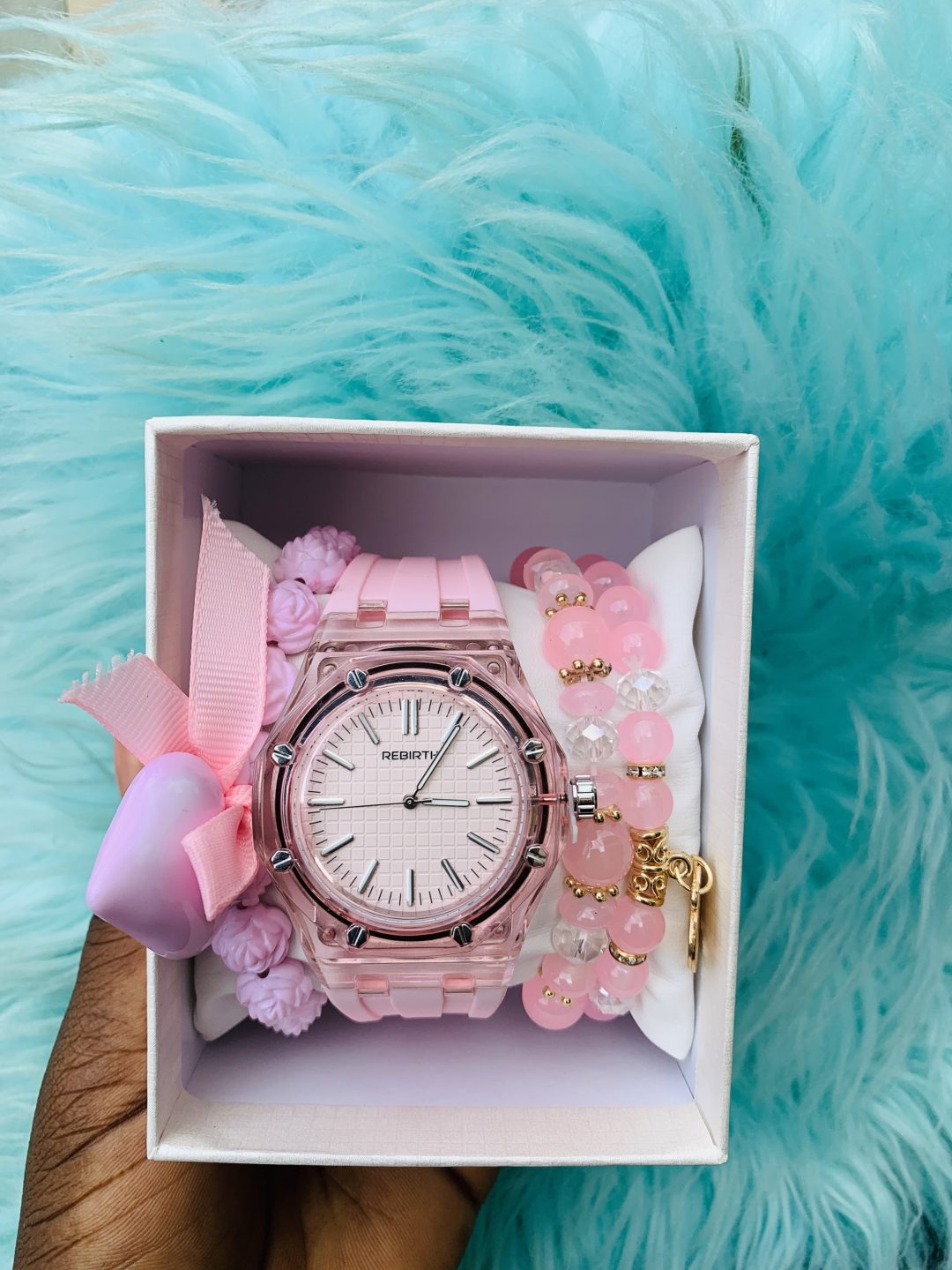 Rebirth pink silicon rubber watch combo with box 002