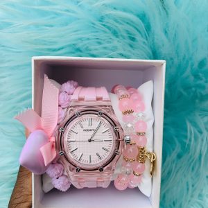 Rebirth pink silicon rubber watch combo with box 002
