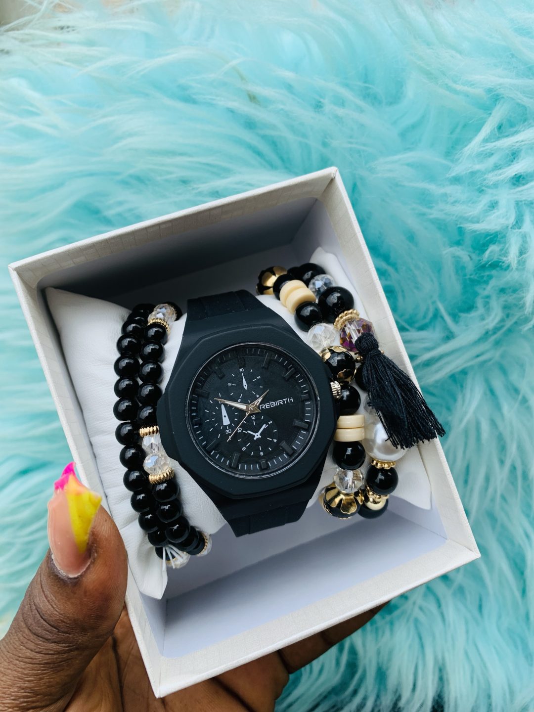 Black Rebirth rubber watch combo with box 001