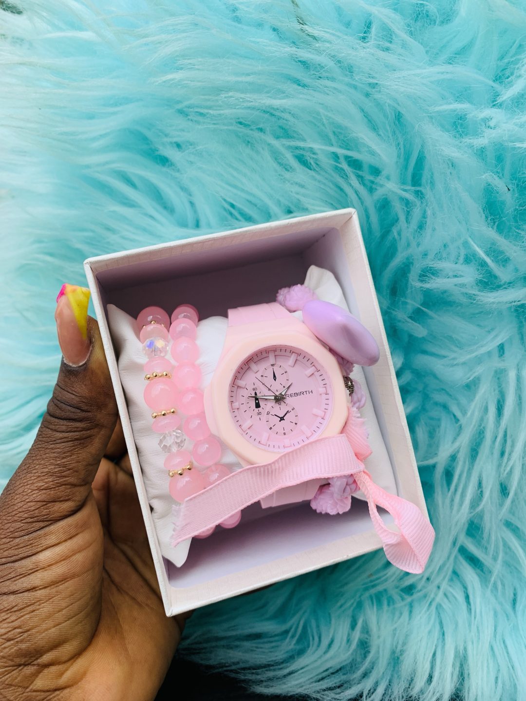 Rebirth Pink rubber watch combo with box 003