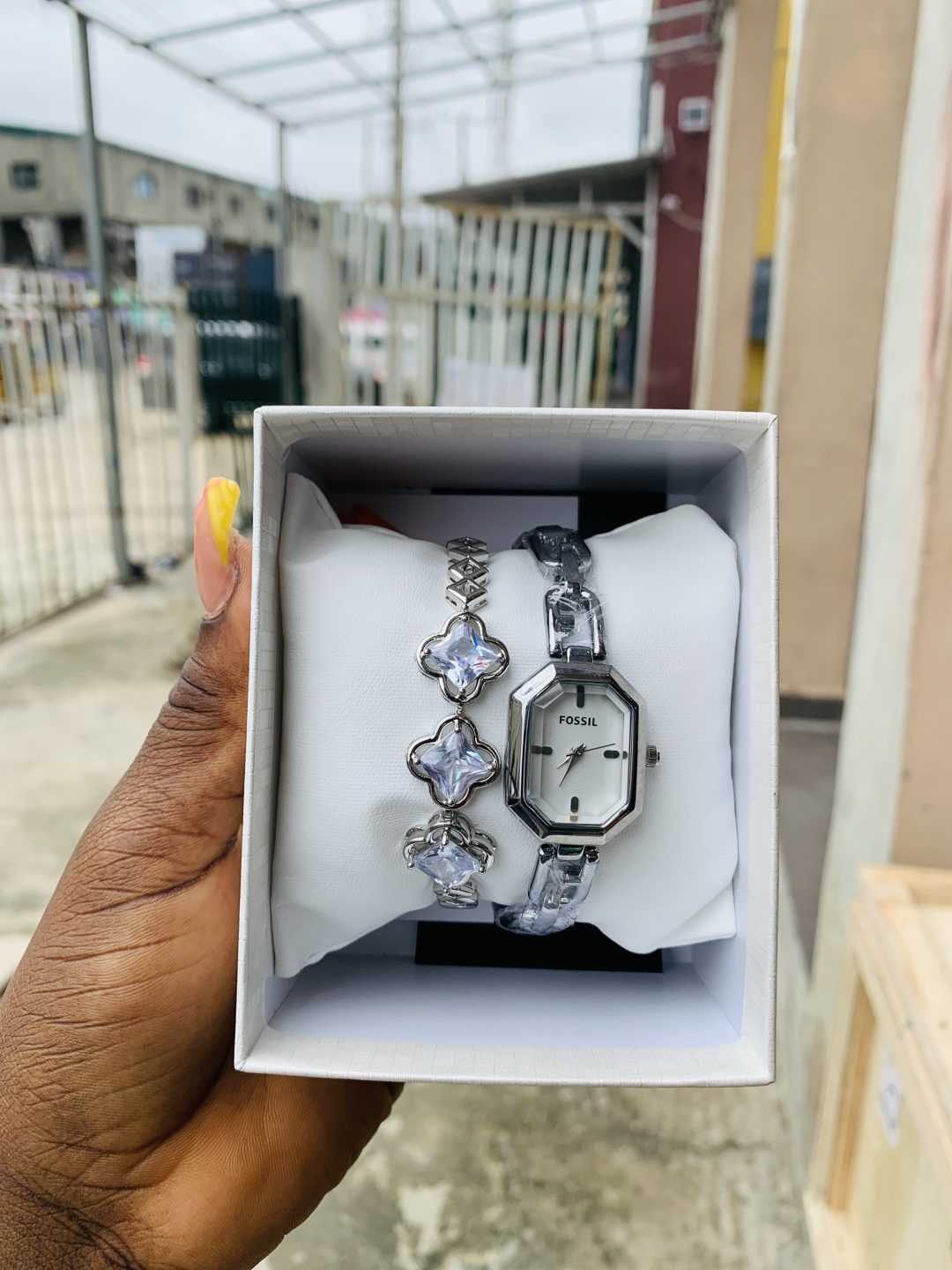 Fossil silver watch combo with box