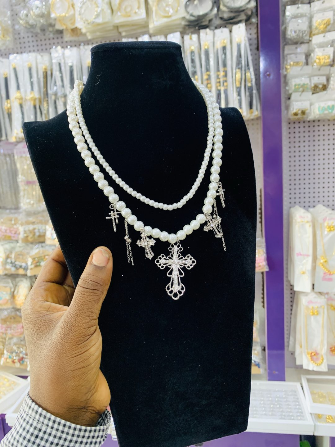 Vintage cross double pearl necklace