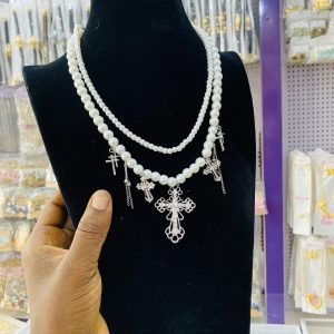 Vintage cross double pearl necklace