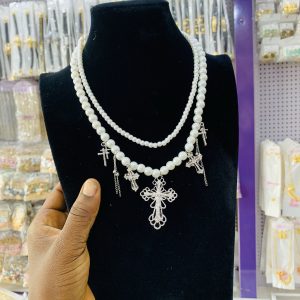 Vintage cross double pearl necklace