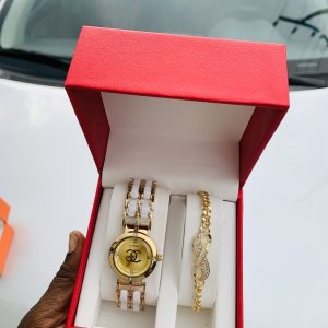 Channel gold/gold face watch combo with exact box