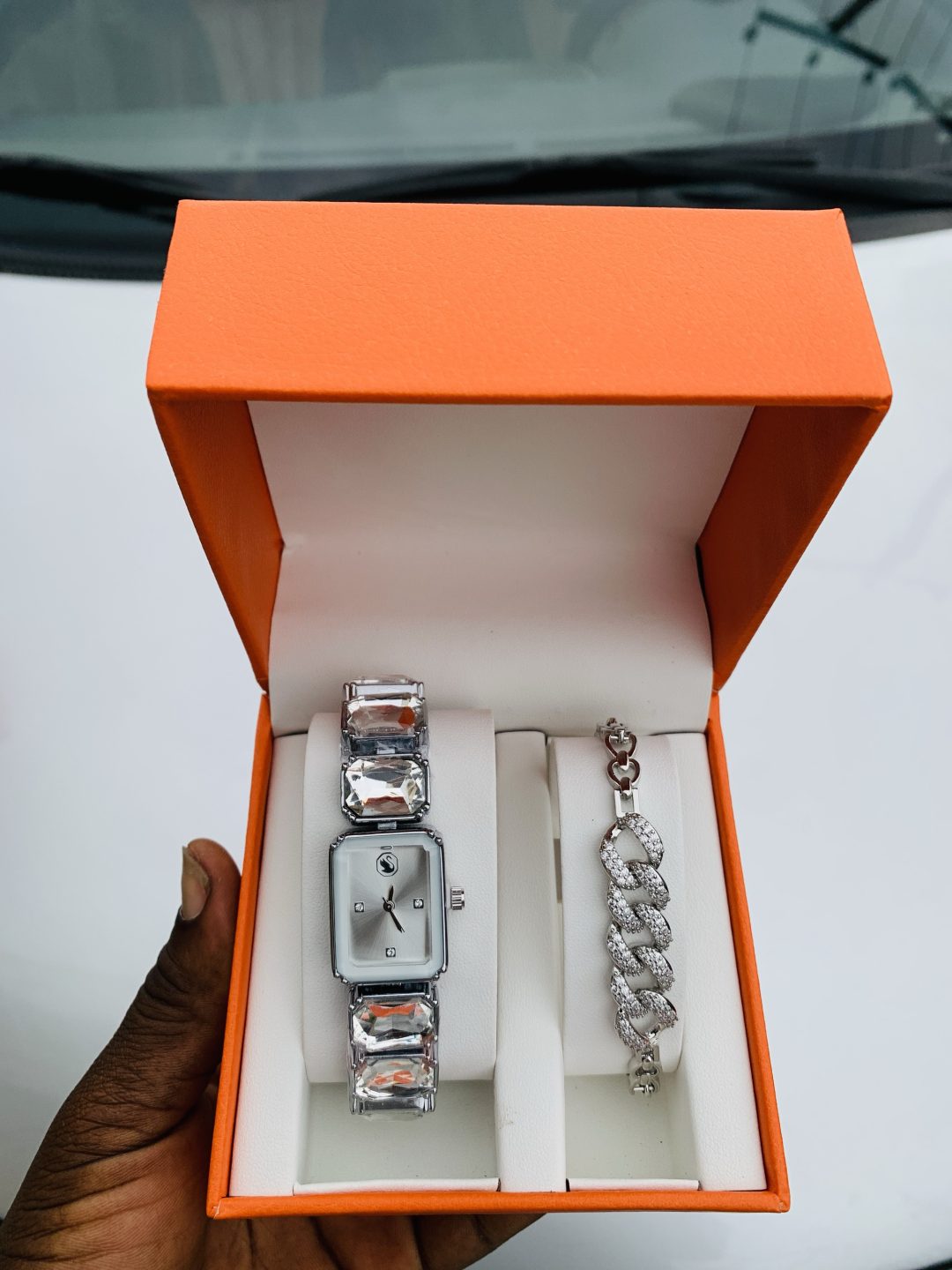 Swarovski silver/white stoned watch combo with exact box