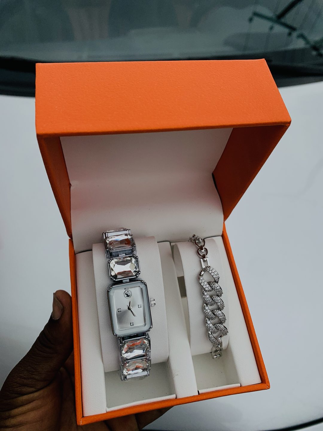 Swarovski silver/white stoned watch combo with exact box - Image 2