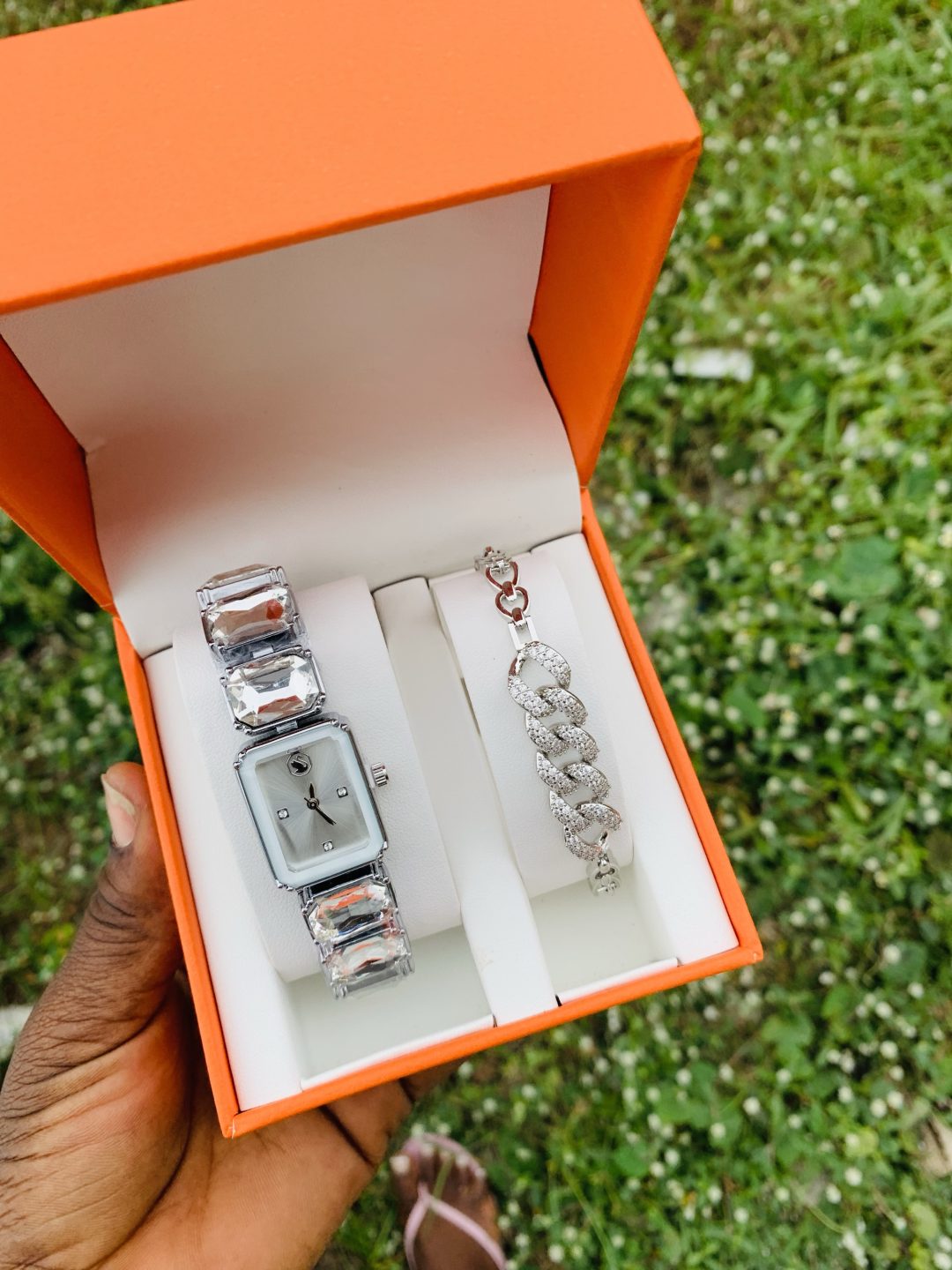 Swarovski silver/white stoned watch combo with exact box - Image 3