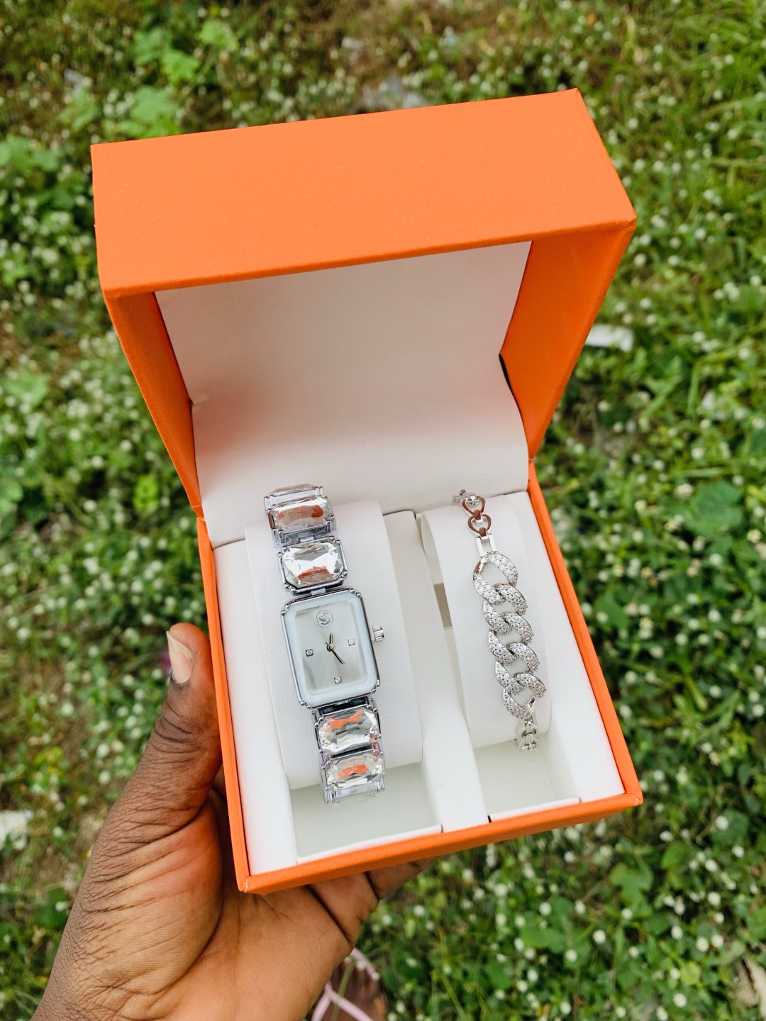 Swarovski silver/white stoned watch combo with exact box - Image 4