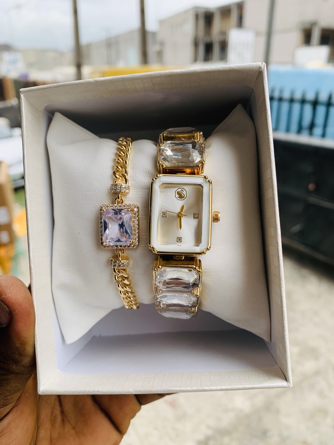 Swarovski gold/white stoned watch combo with box - Image 4