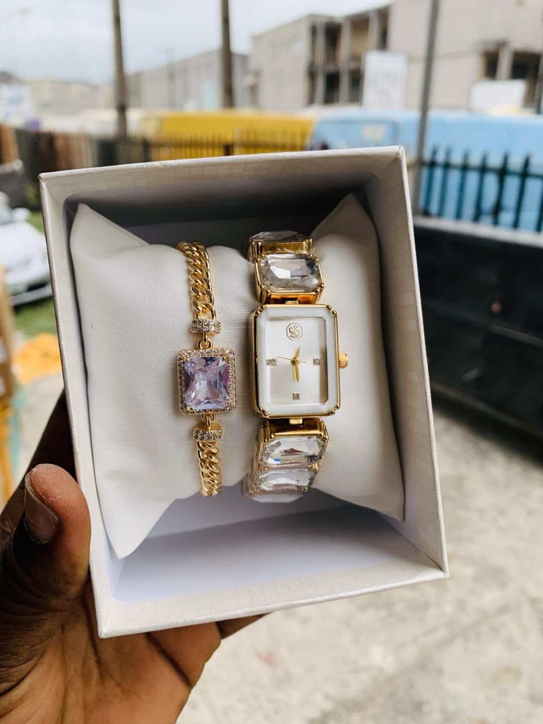 Swarovski gold/white stoned watch combo with box - Image 3