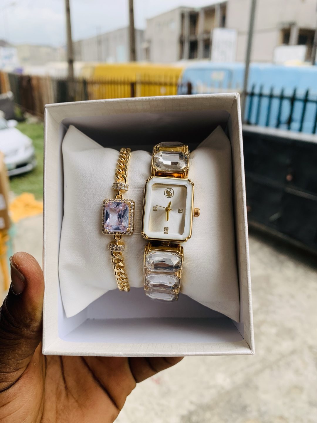 Swarovski gold/white stoned watch combo with box - Image 2