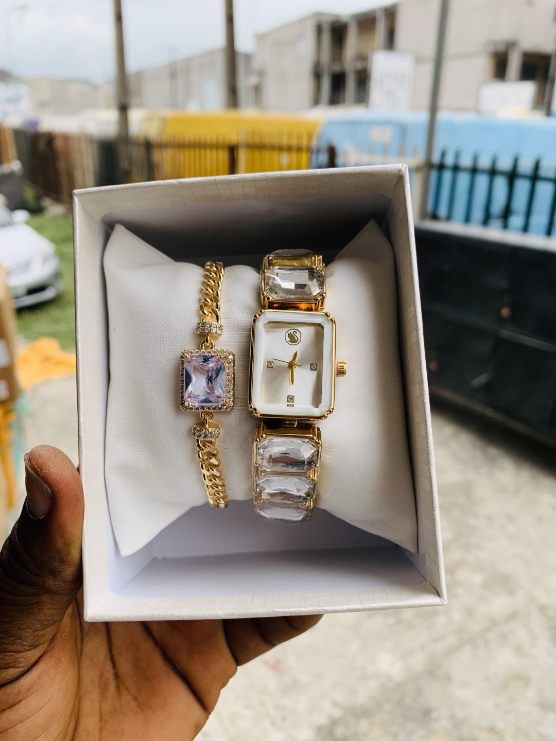 Swarovski gold/white stoned watch combo with box