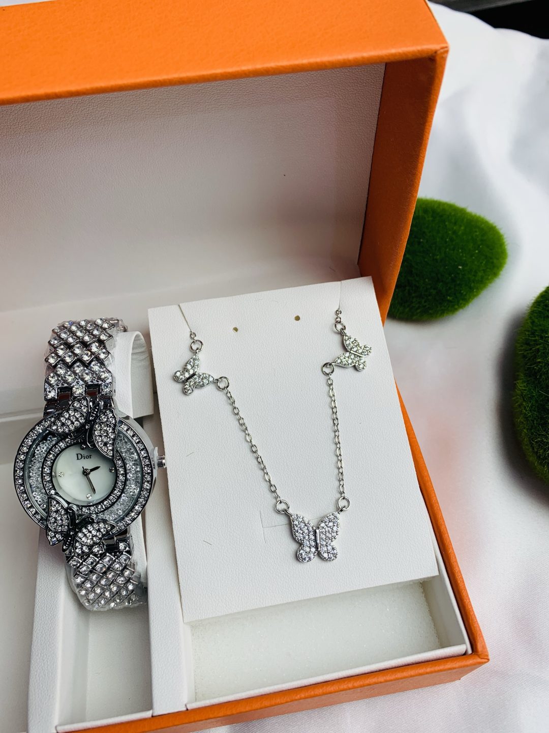 Dior silver watch combo with paper box