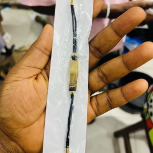 Engraved black flat drawstring bracelet with paper box