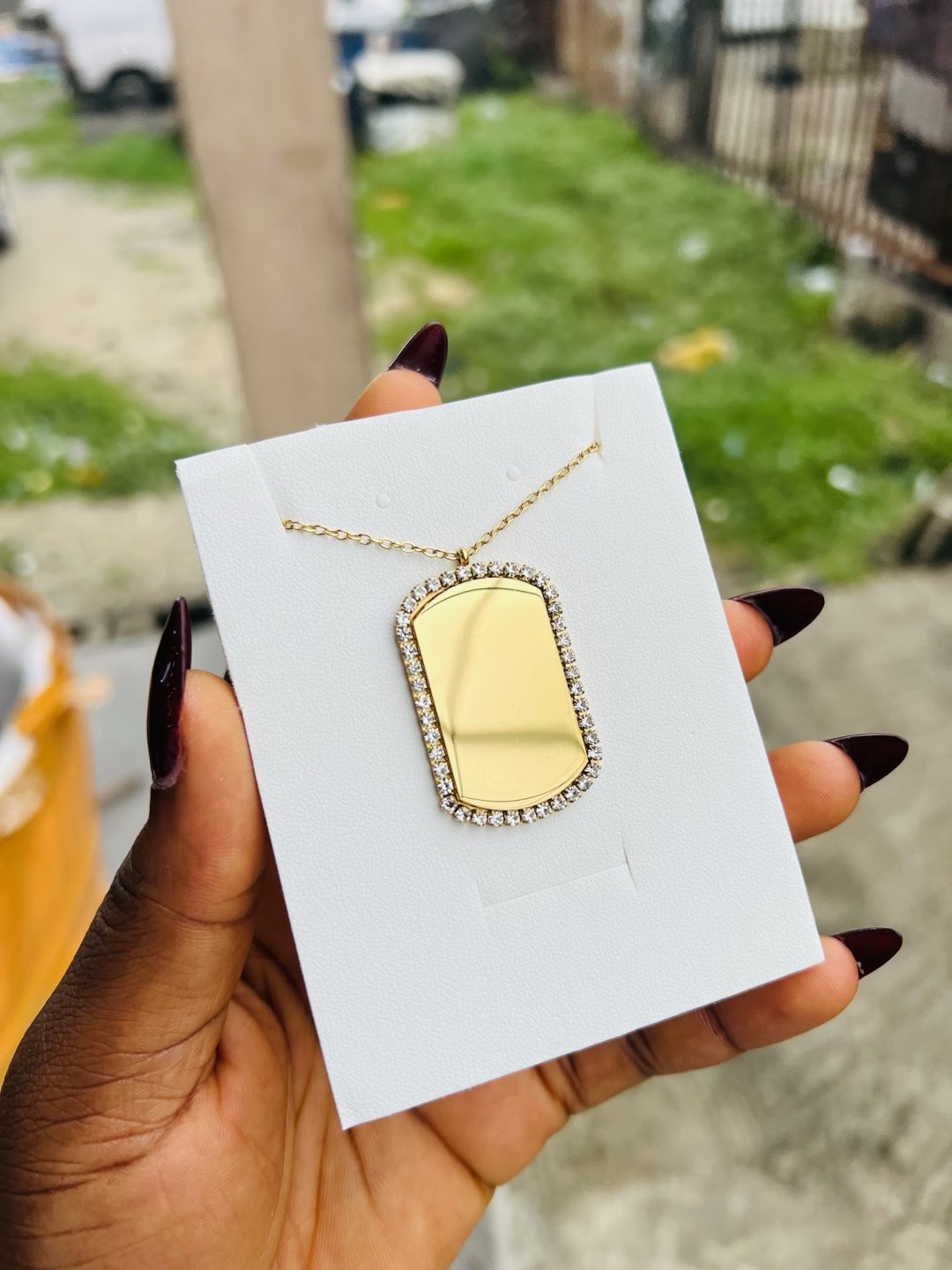 Engraved gold square stoned necklace