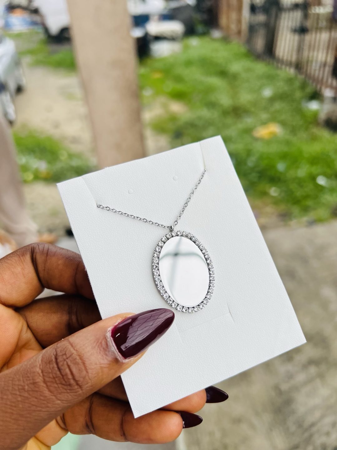 Engraved silver oval stoned necklace