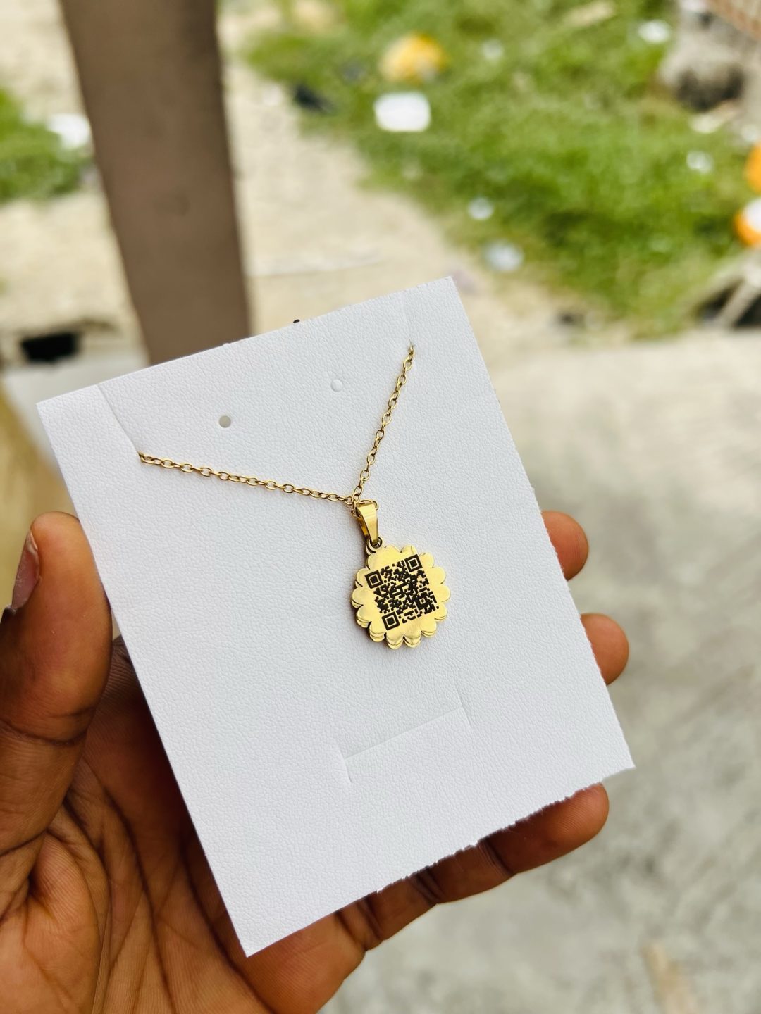 Engraved sunflower with barcode necklace