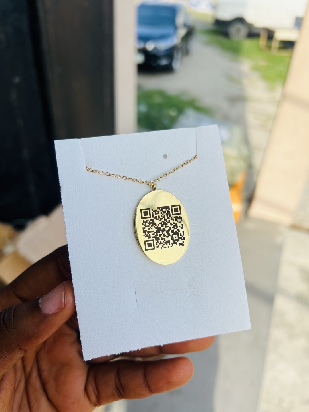 Engraved gold oval stoned picture engraving with barcode